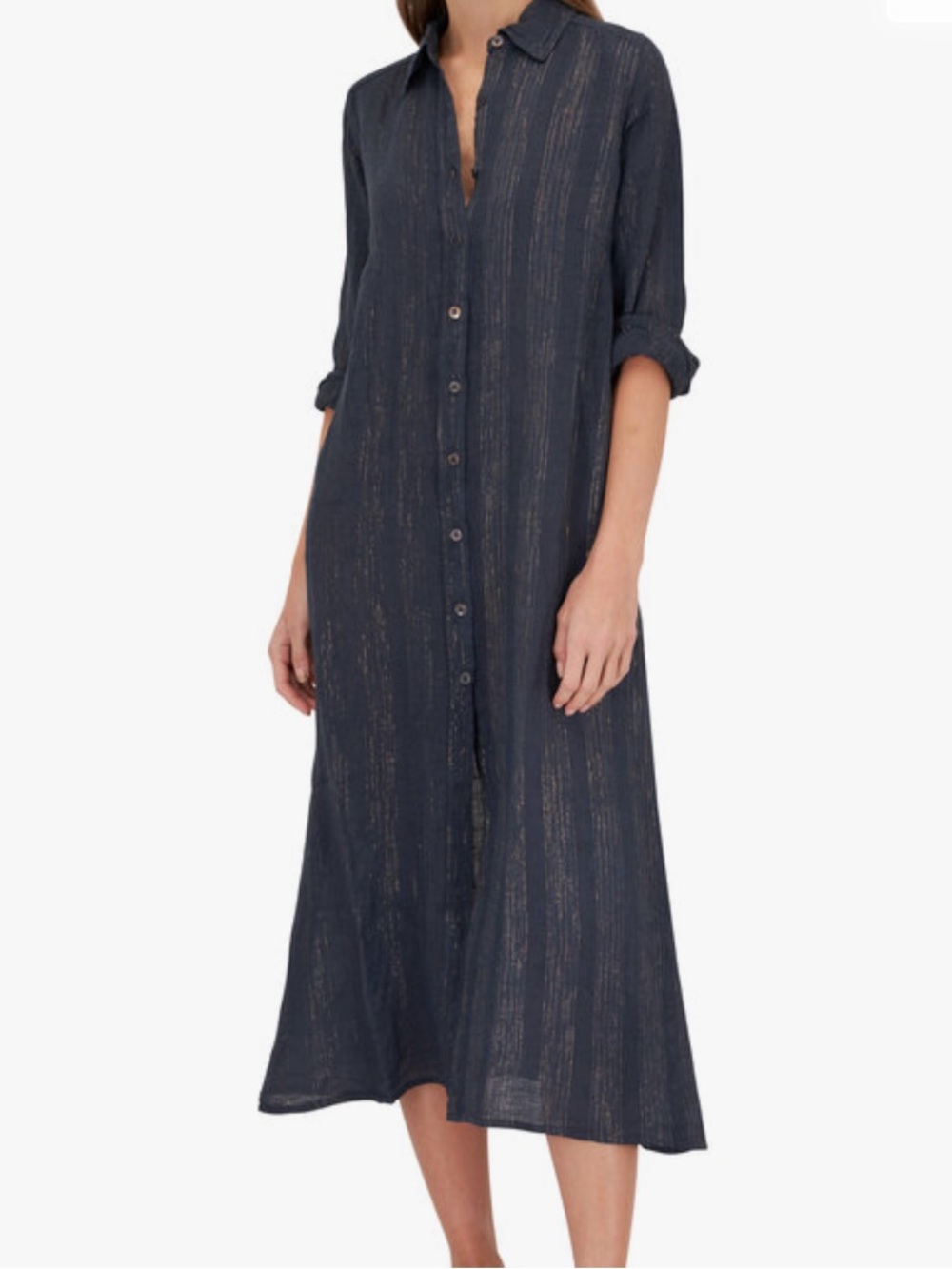 Stella Bianca Valentina Navy Blue Stripe Button Up Linen Midi Dress